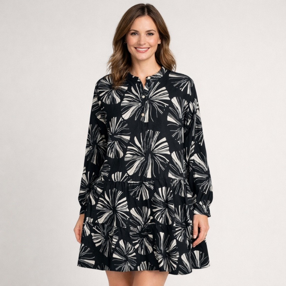 Ann Mashburn Linen Cotton Printed Tiered Shirt Dress XL Navy White